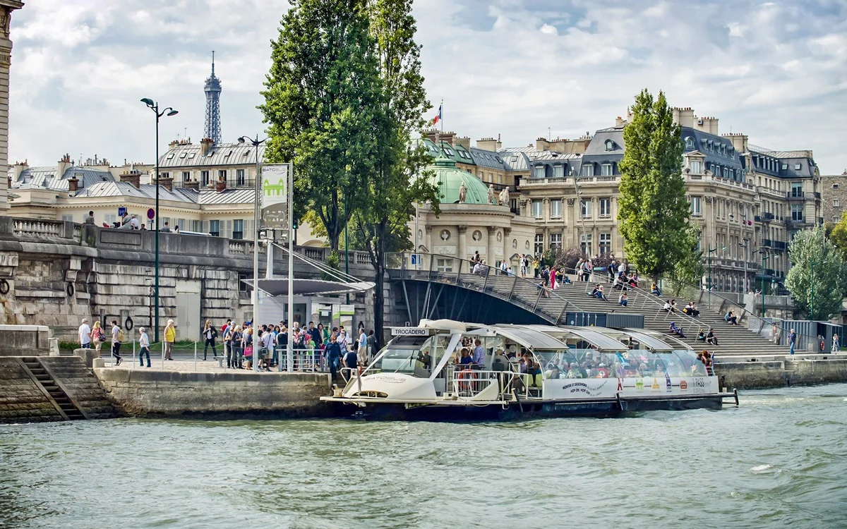 Batobus boat moored at a Paris river stop